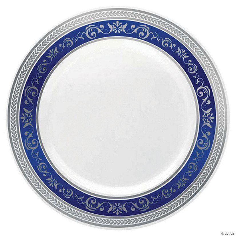 Kaya Collection 10.25" White with Blue and Silver Royal Rim Plastic Dinner Plates (120 Plates) Image