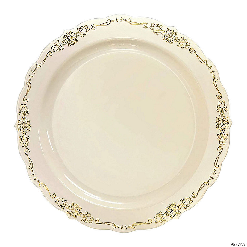 Kaya Collection 10" Ivory with Gold Vintage Round Disposable Plastic Dinner Plates (120 plates) Image