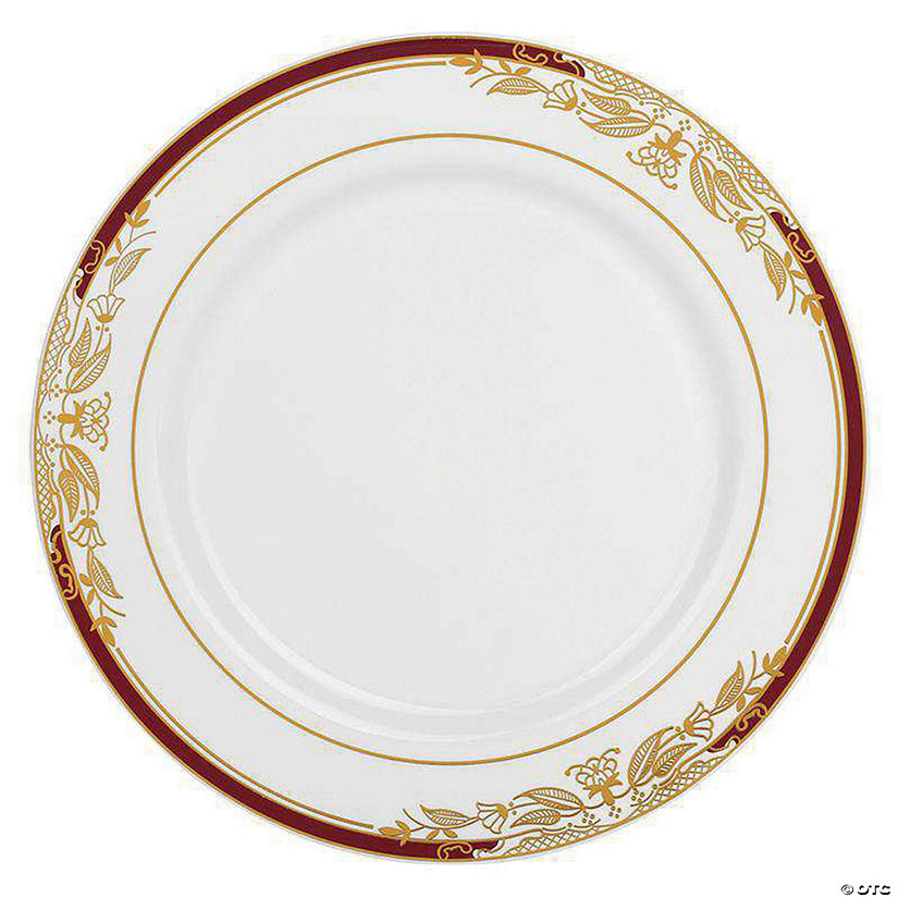 Kaya Collection 7.5" White with Burgundy and Gold Harmony Rim Plastic Appetizer/Salad Plates (120 plates) Image