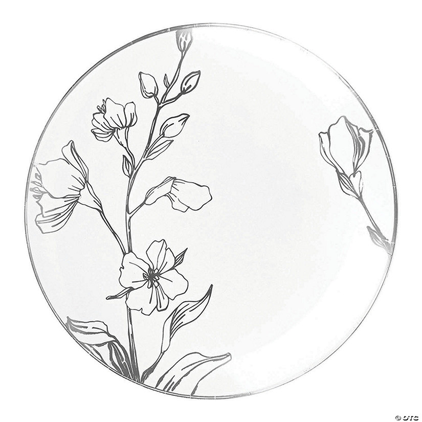 Kaya Collection 7.5" White with Silver Antique Floral Round Disposable Plastic Appetizer/Salad Plates (120 Plates) Image
