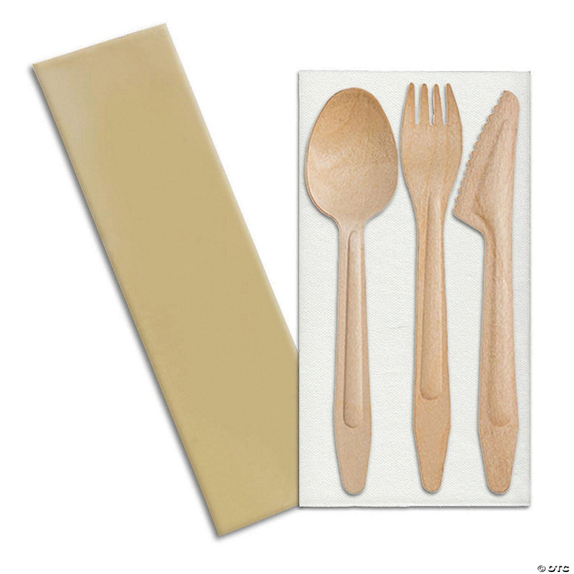 Kaya Collection Natural Birch Wood Eco-Friendly Disposable Cutlery Set - Spoons, Forks, Knives, and Napkins (100 Guests) Image