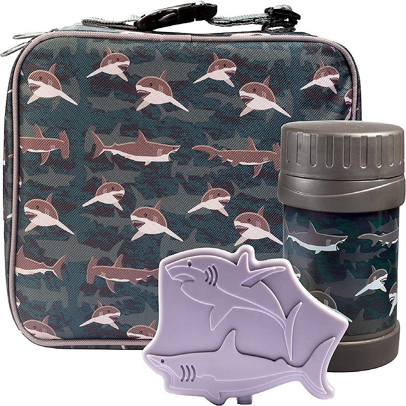 Kids Lunch Bag Set (Sharks) w Reusable Hard Ice Pack & Double-Insulated Food Jar for Drinks or Soups - Perfect Lunchbox Kits for Boys and Girls Back to School, Image