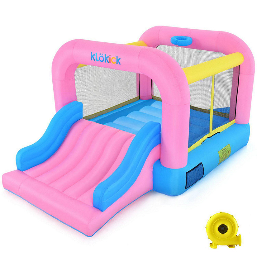 Klokick 12' x 8'2'' x 6.2'' Pink Inflatable Bounce House with Blower & Wide Slide Image