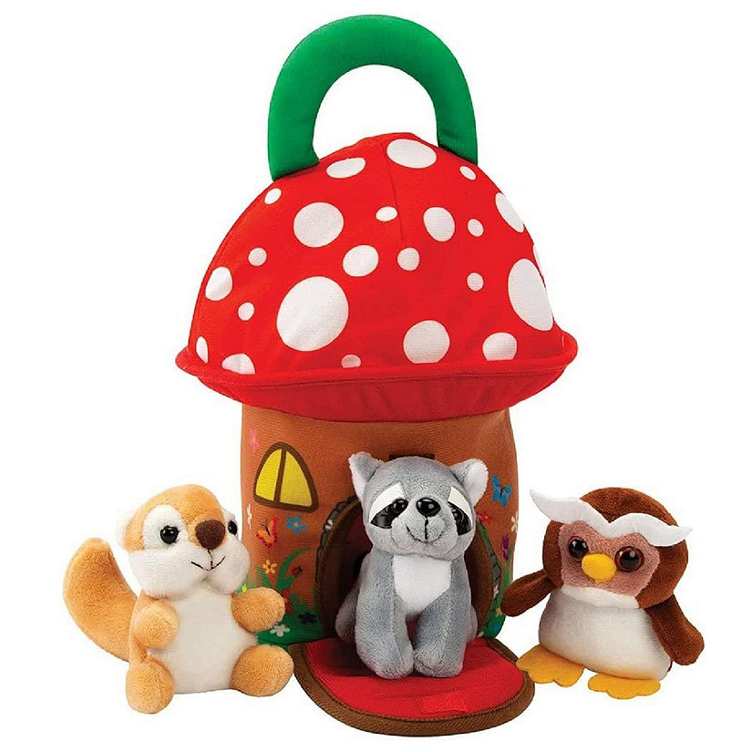 Kovot Mushroom Carrier Home with Soft Plush Forest Animals &#8211; Owl, Raccoon, and Beaver with Animal Sounds &#8211; Cuddly and Cute Toys &#8211; Fun and Learning Play Set &#8211; On Image