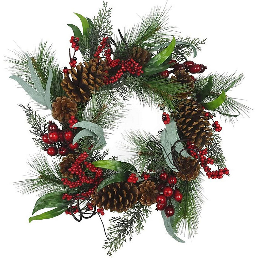 Kurt Adler Artificial Wreath with Red Berries, Leaves and Pinecones Christmas Decoration, Green, 20 Inches Image