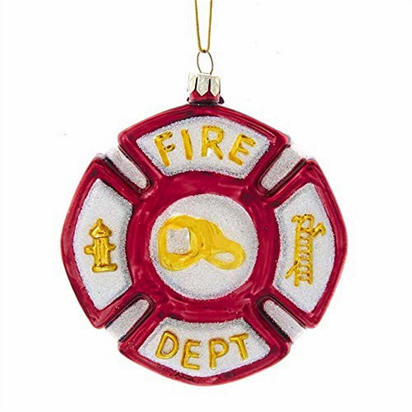 Kurt Adler Noble Gems Fire Department Shield Glass Hanging Christmas Ornament Image