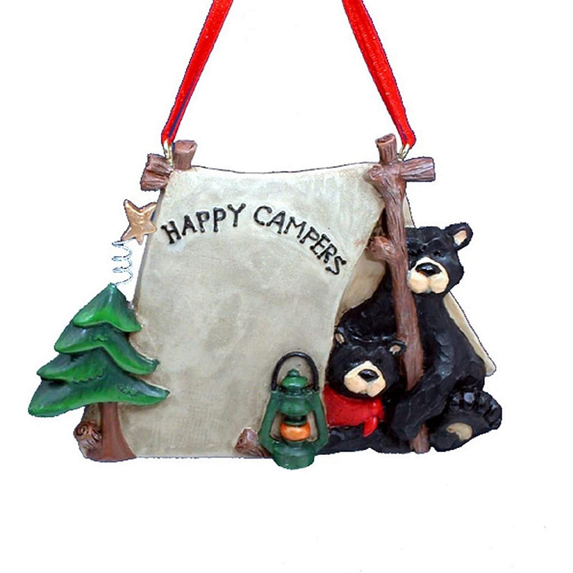 Kurt Adler Resin Christmas Tree Ornament, Happy Campers Bears in a Tent Image