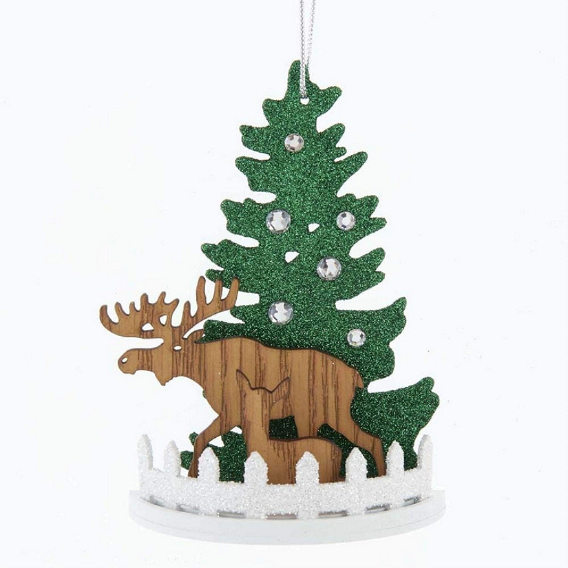 Kurt Adler Wooden Christmas Tree with Reindeer Ornament Image