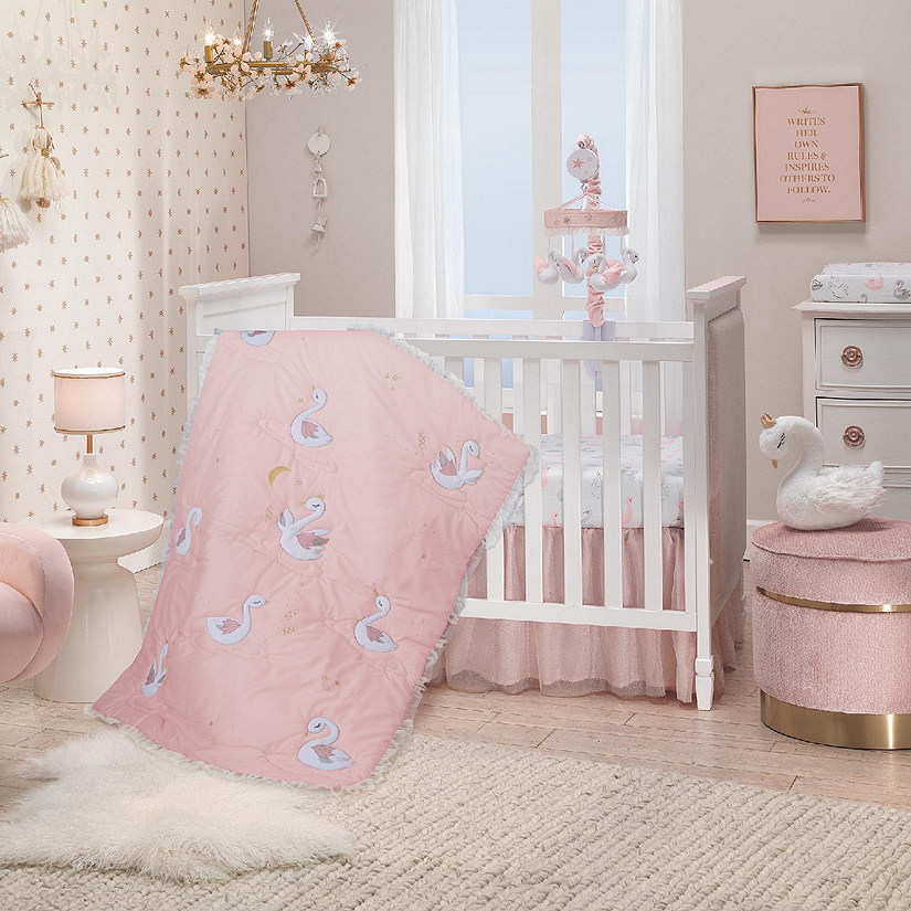 Lambs & Ivy Signature Swan Princess Pink Sateen 3-Piece Baby Crib Bedding Set Image