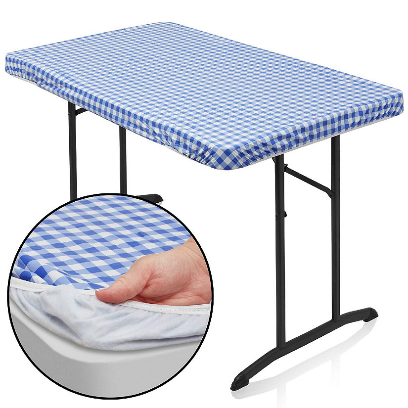 Lann's Linens 48'' x 30'' Blue Checkered Fitted Vinyl Tablecloth Flannel Backing - Waterproof Image