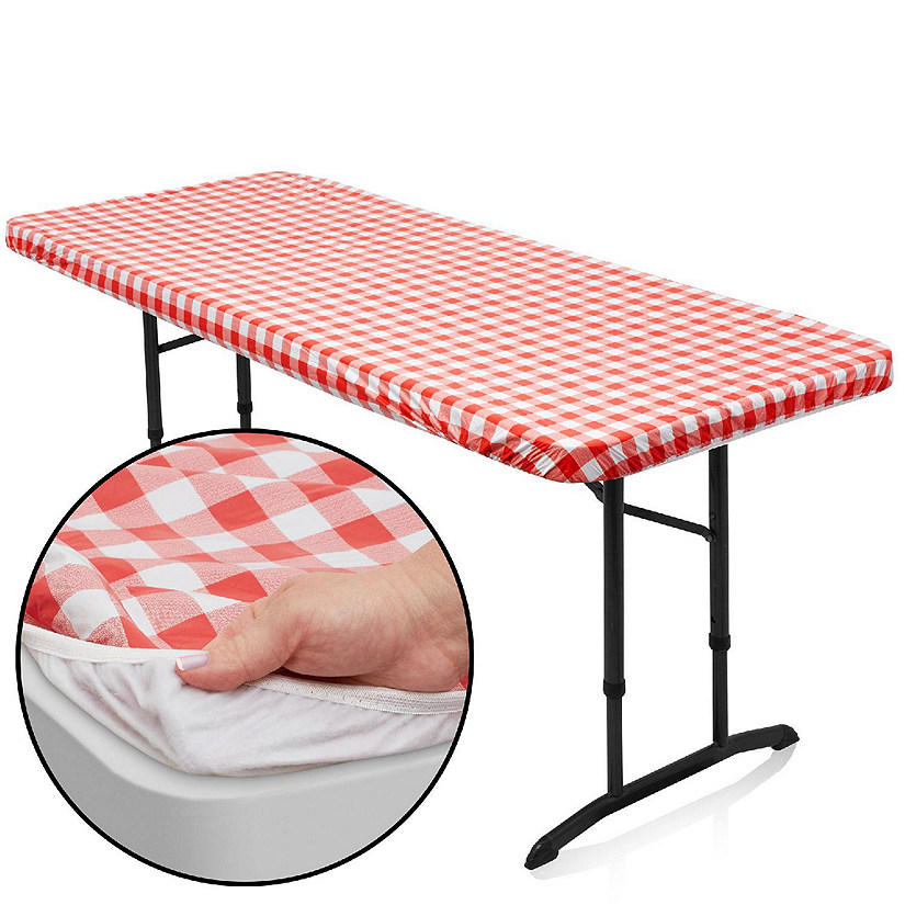 Lann's Linens 72'' x 30'' Red Checkered Vinyl Tablecloth with Flannel Backing - Waterproof Image
