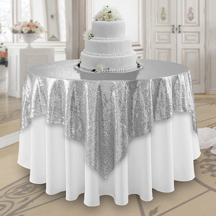 Lann's Linens 72x72 Silver Sequin Sparkly Table Overlay Tablecloth Cover Wedding Party Linens Image