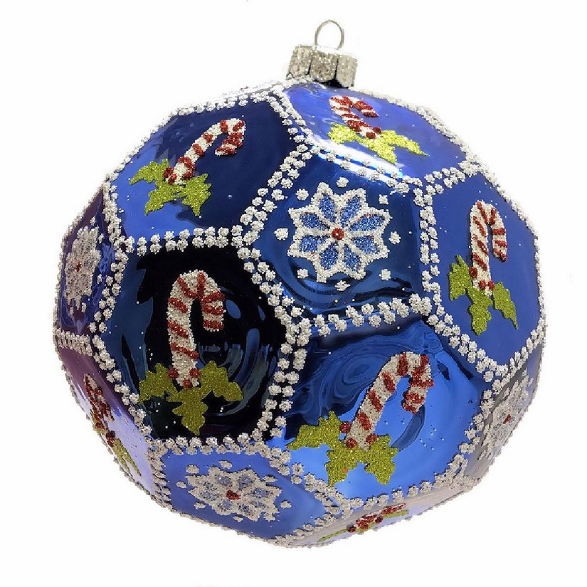 Large Blue Candy Cane Snowflake Polyhedron Ball Polish Glass Christmas Ornament Image