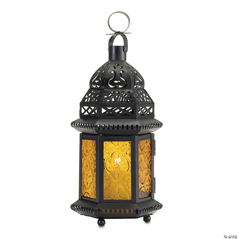 Large Decorative Etched Yellow Glass Moroccan Style Hanging Candle Lantern 10.25" Tall Image