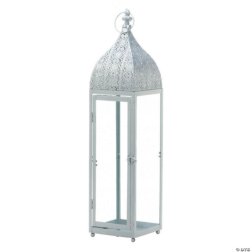 Large Silver Metal Rectangular Moroccan Style Candle Lantern 24&#8221; Tall Image