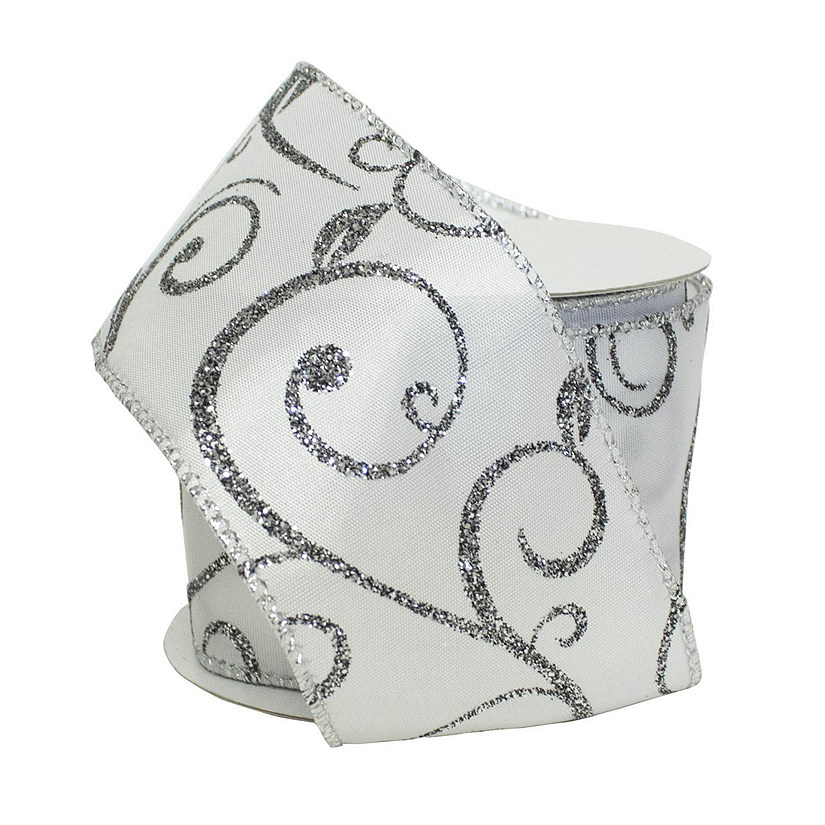 LARIBBONS 2 1/2" WIRED SCROLL RIBBON-WHITE/SILVER Image