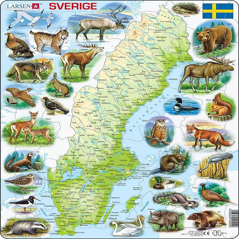 Larsen Sweden Map with Animals 71 Piece Children's Educational Jigsaw Puzzle Image