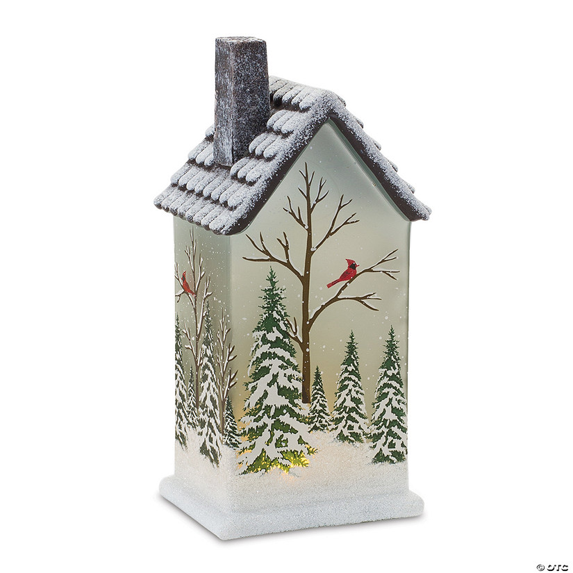 Led Lighted House With Pine Trees (Set Of 2) 9"H Glass 2 Aaa Batteries, Not Included Image
