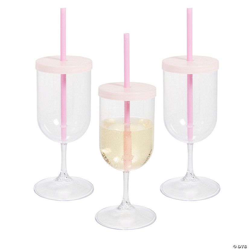 Lidded Plastic Wine Glasses with Straws - 12 Pc. Image