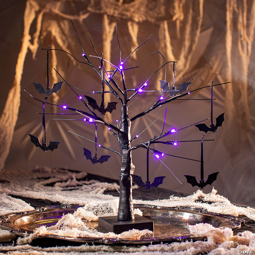 Light-Up Black Tree Halloween Tabletop Decoration with Bats Image