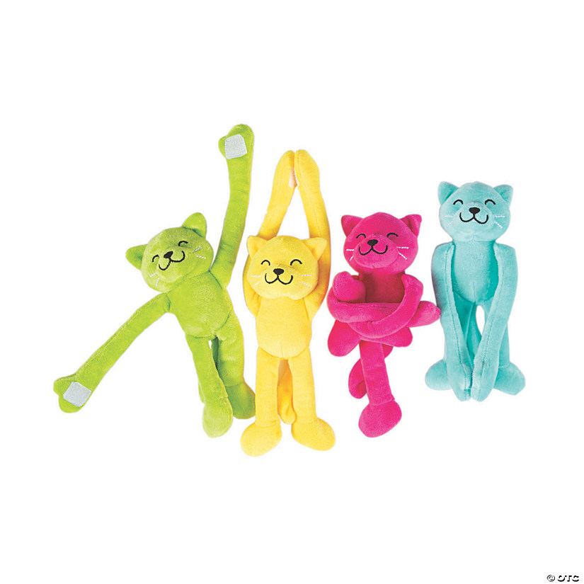 Long Arm Green, Yellow, Pink & Blue Stuffed Cats - 12 Pc. Image