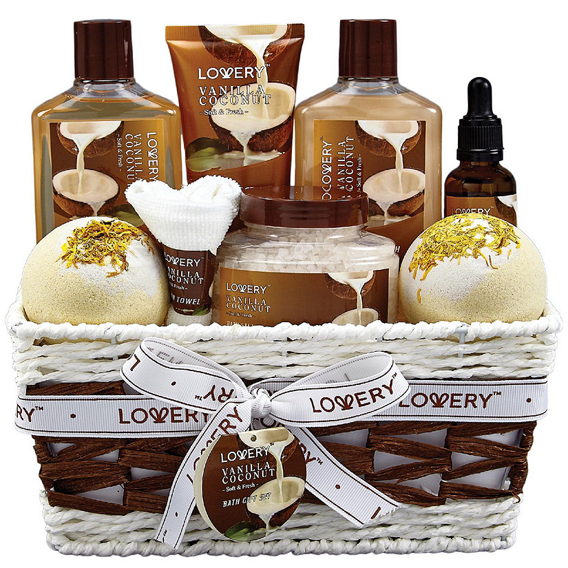Lovery Bath and Body Gift Basket -Vanilla Coconut Home Spa - 9pc Set Image