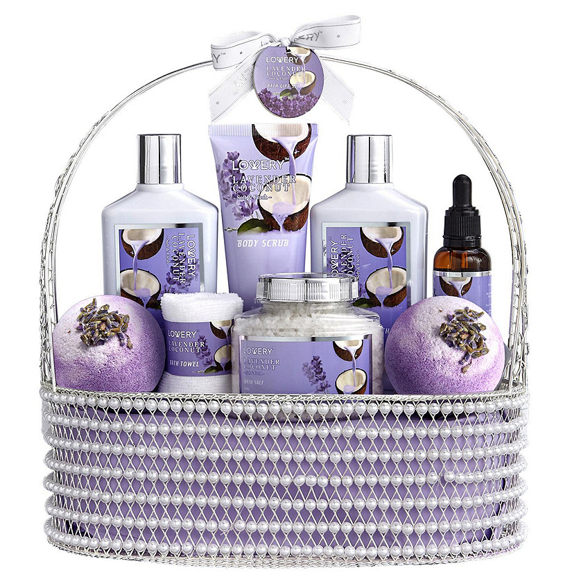 Lovery Home Spa Gift Set - Lavender Coconut - Handmade Pearl Basket - 9pc Image
