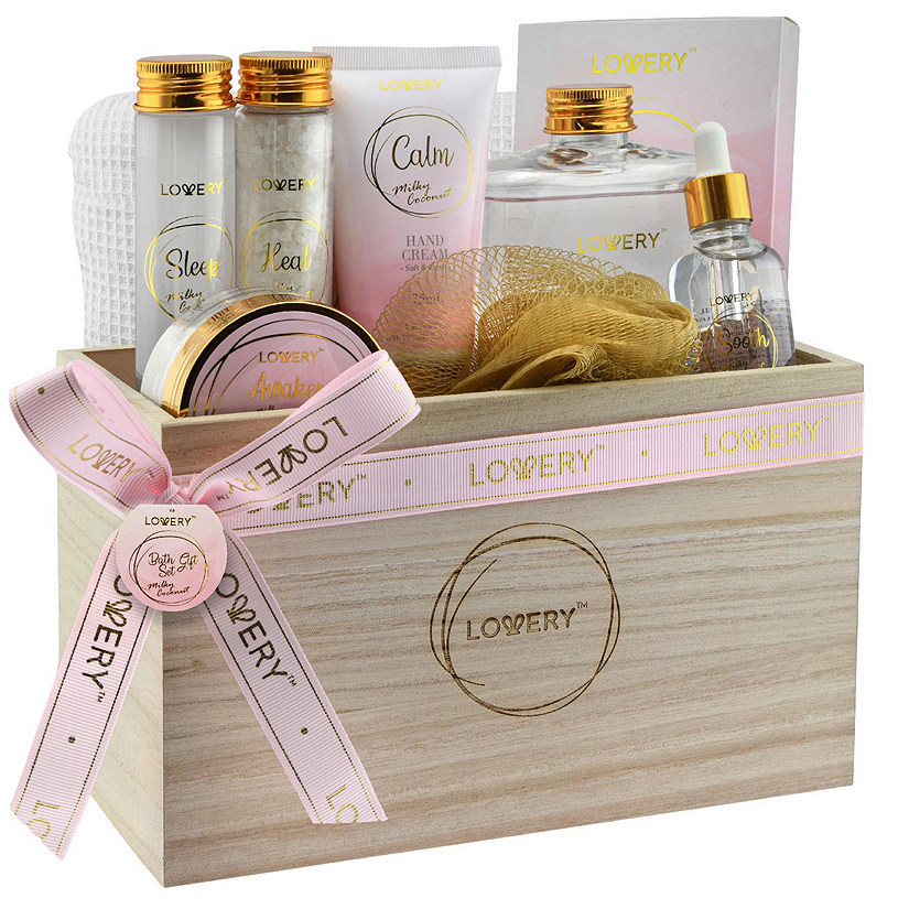 Luxury Home Spa Gift Basket - Milky Coconut Scent - Bath Pillow, Wooden Crate & More Image