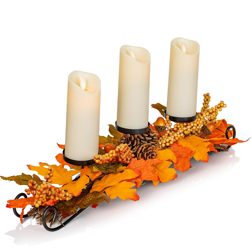 Maple Leaves Candle Holder - Thanksgiving Fall Harvest Themed Candleholder Centerpiece Decorations with Pinecones and Acorns Image
