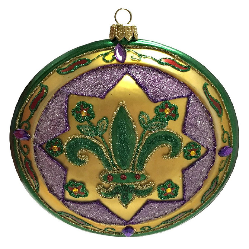Mardi Gras Green and Purple Fleur de Lis Medallion Disk Polish Glass Ornament Image
