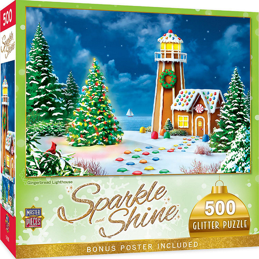 MasterPieces 500 Piece Glitter Christmas Puzzle Gingerbread Lighthouse Image