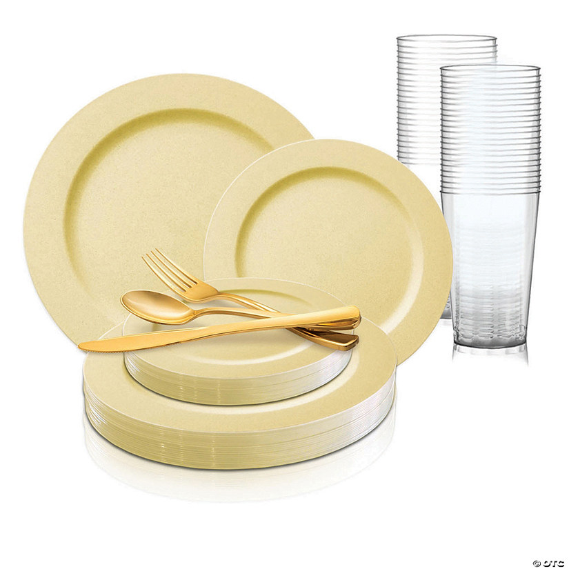 Matte Bright Yellow Round Disposable Plastic Dinnerware Value Set (120 Settings) Image