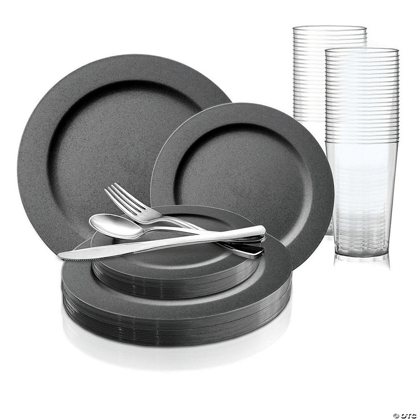 Matte Charcoal Gray Round Disposable Plastic Dinnerware Value Set (60 Settings) Image
