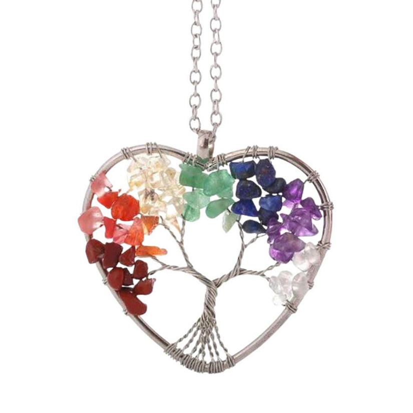 Maya&#8217;s Grace 7 Chakra Tree of Life Quartz Pendant Multicolor Wisdom Energy Necklace for Women - Chakra Heart Image
