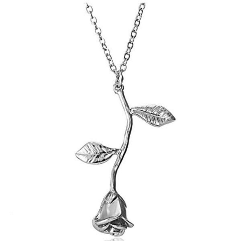 Maya&#8217;s Grace Rose Stem Leaves Pendant Chain Necklace - Silver Image