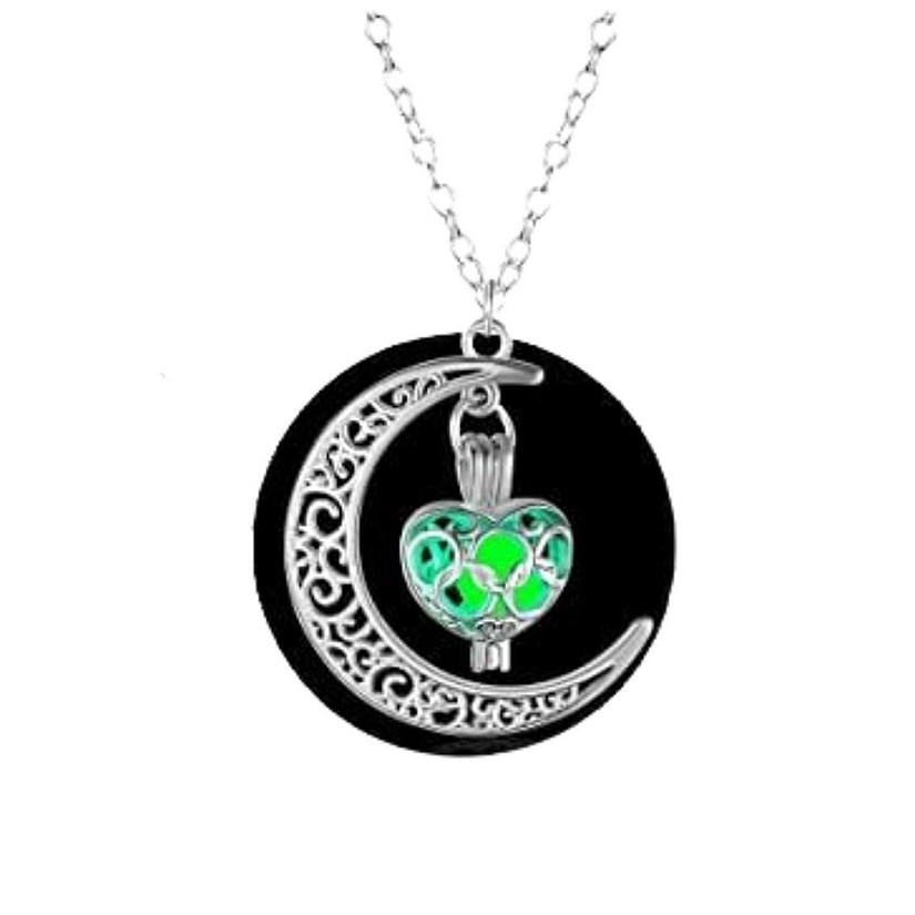 Maya's Grace Crescent  Moon Glow in The Dark Heart Pendant Silver Necklace - Green Image