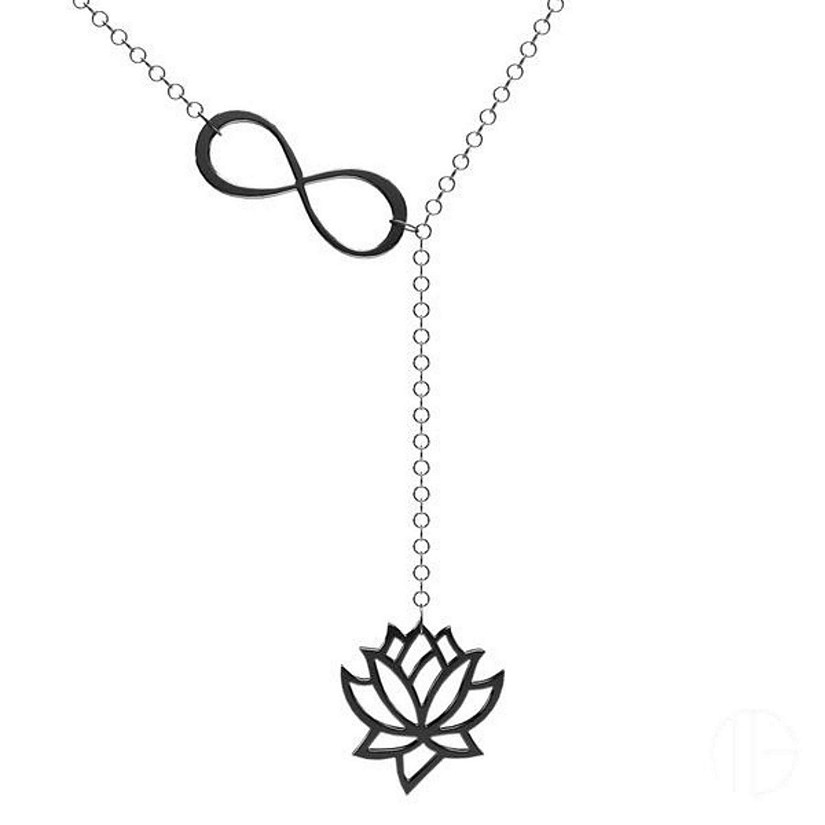 Mayas Grace Stainless Steel Infinity Lotus Lariat Y  Necklace  Black Image