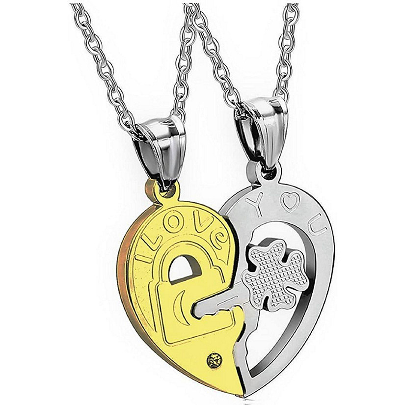Maya's Grace Two Piece Heart Key Locking I Love You Pendant and Necklaces For Couples - Gold and Silver Image