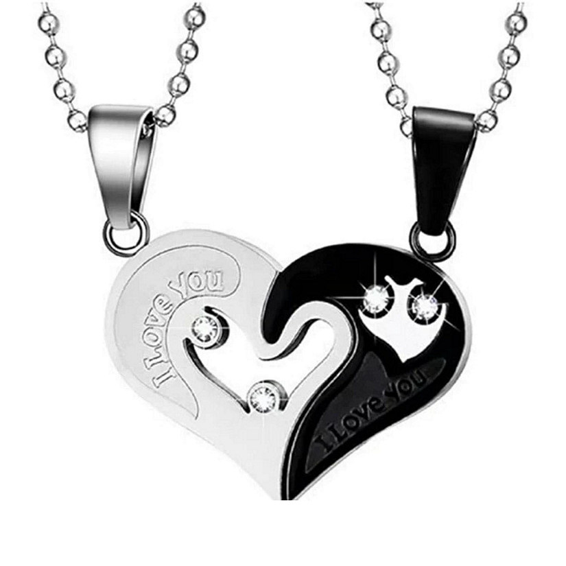 Maya's Grace Two Pieces  Heart  Couple Matching Necklaces - Black and Silver Pair Image