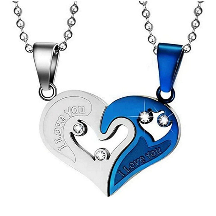 Maya's Grace Two Pieces  Heart  Couple Matching Necklaces - Blue and Silver Pair Image