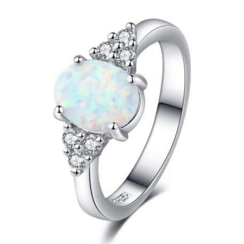 Maya's Grace Women's Silver Genuine Opal Ring with Rhinestones - Size 10 Image