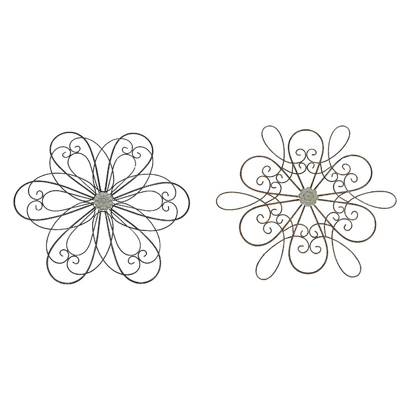 Mayrich 30 Inch Rustic Wood Metal Flower Sculpture Wall Hanging Art Home Decor Set Of 2 Image