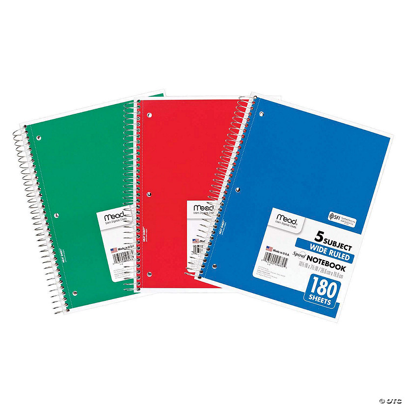Mead Spiral 5 Subject Notebook, Wide Ruled, 180 Sheets Per Book, Pack of 3 Image