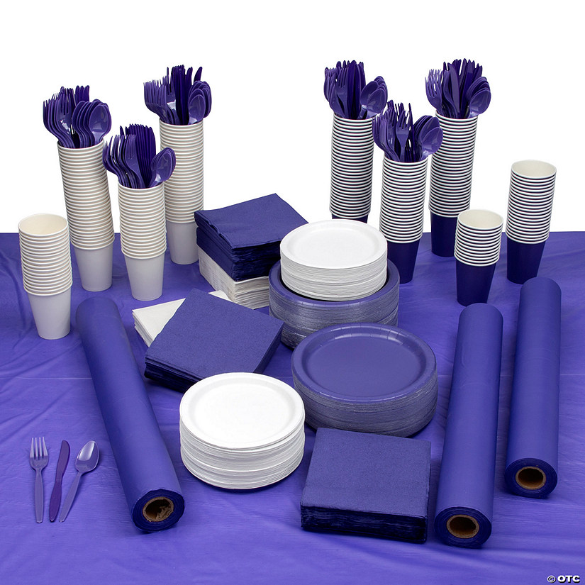 Mega Bulk 1973 Pc. Purple & White Disposable Tableware Kit for 240 Guests Image