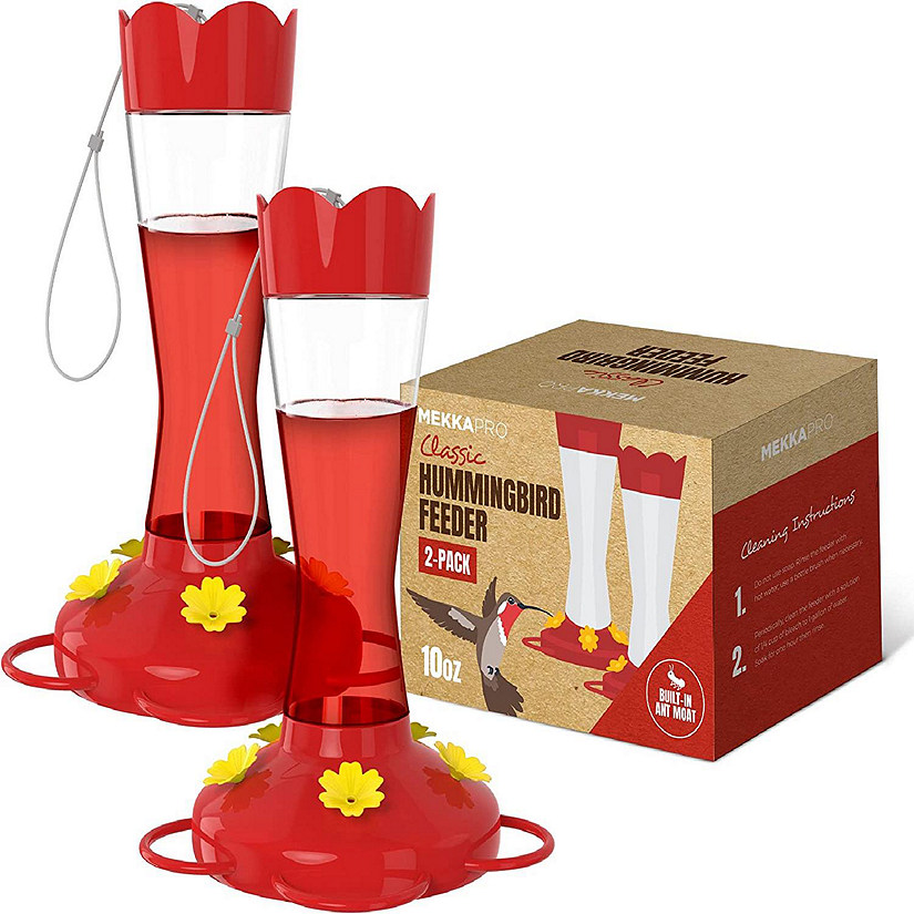 MEKKAPRO Two-Pack Outdoor Hummingbird Feeder Made from Glass, 10oz, Hanging 5 Nectar Feeding Stations, Bright Red, Backyard Feeder (10 Ounce - 2 Pack) Image