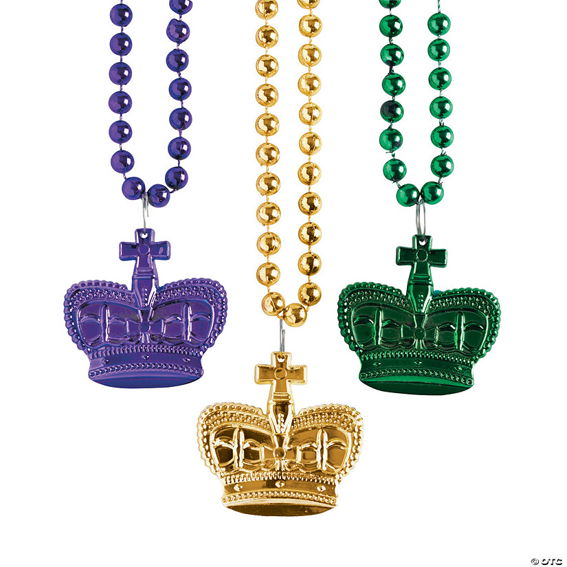 Metallic Mardi Gras Bead Necklaces with Crown - 24 Pc. Image
