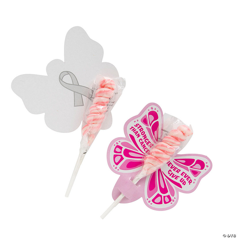 Mini Lollipop with Pink Breast Cancer Butterfly Card for 24 Image