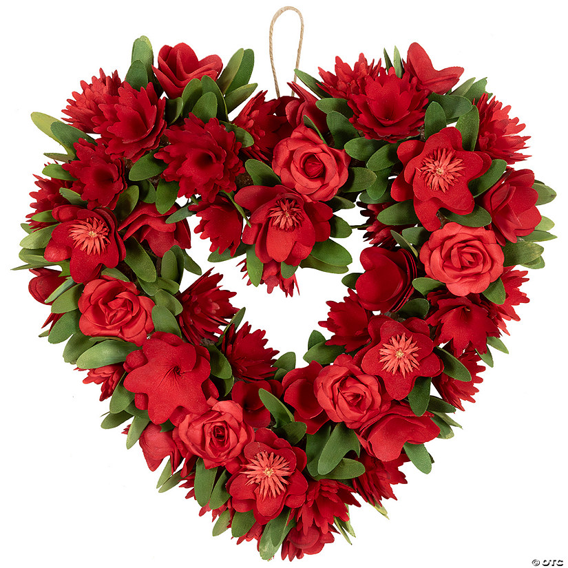 Mixed Floral Artificial Valentine's Day Heart Wreath - 15" - Red Image