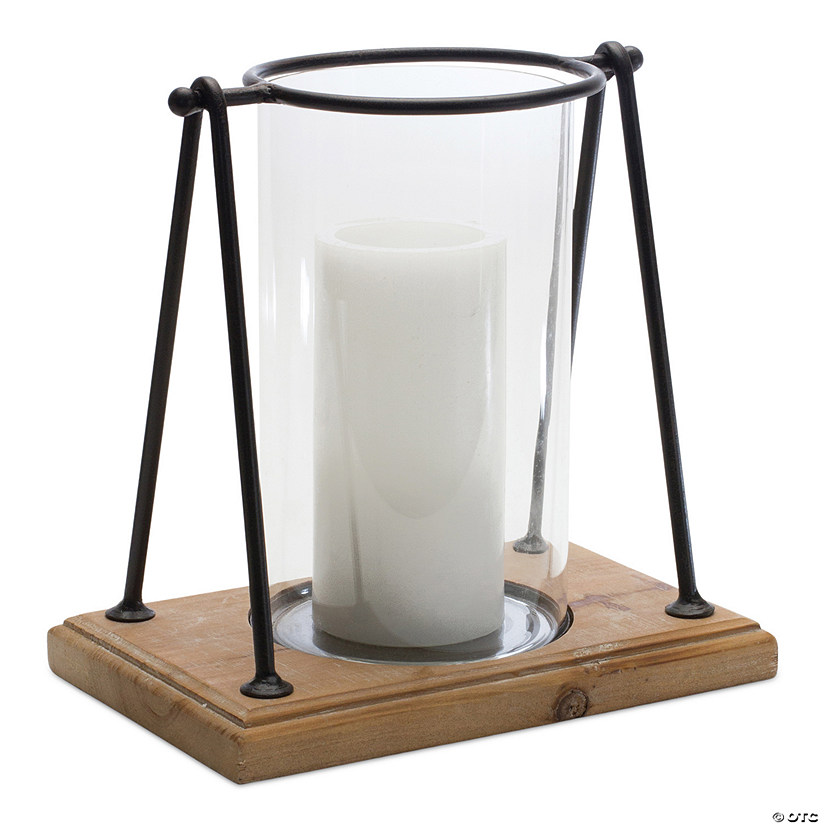 Modern Framed Candle Holder With Wood Base  (Set Of 2) 9.75"H Wood/Iron/Glass Image