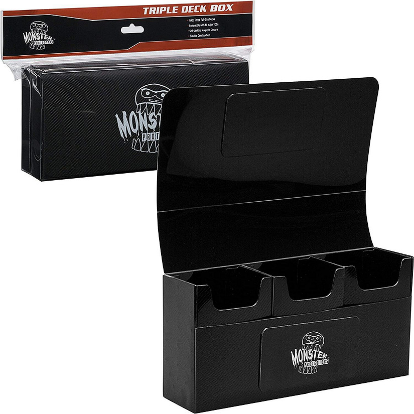 Monster Magnetic Triple Deck Storage Box(BLACK) w/ 3 Removable Deck Trays-Holds 225+ Gaming TCGs- Compatible w/ Yugioh, MTG,Magic The Gathering, Pok&#233;mon - Long Image